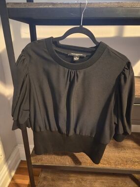 French Connection Black Cropped Top XL | Puff Sleeve | Ribbed Trim